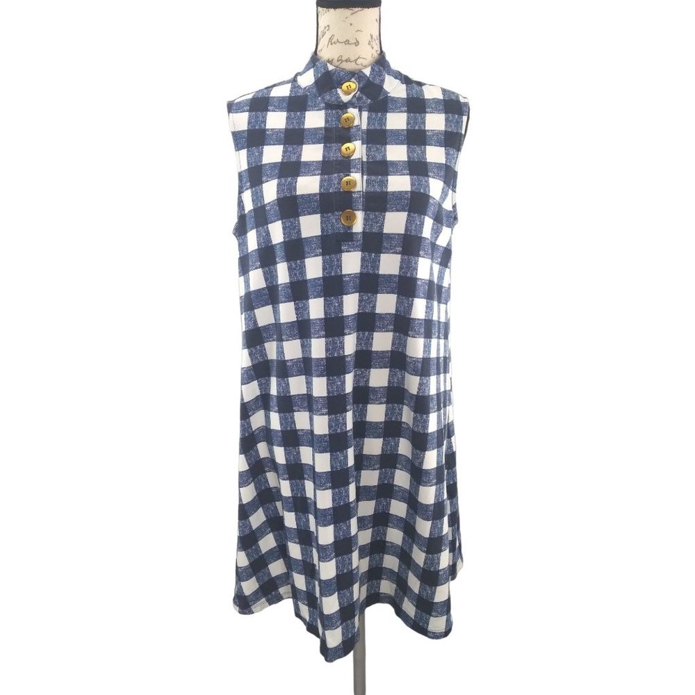 Duffield Lane Checkered cotton spandex sleeveless Large button detail dress US L